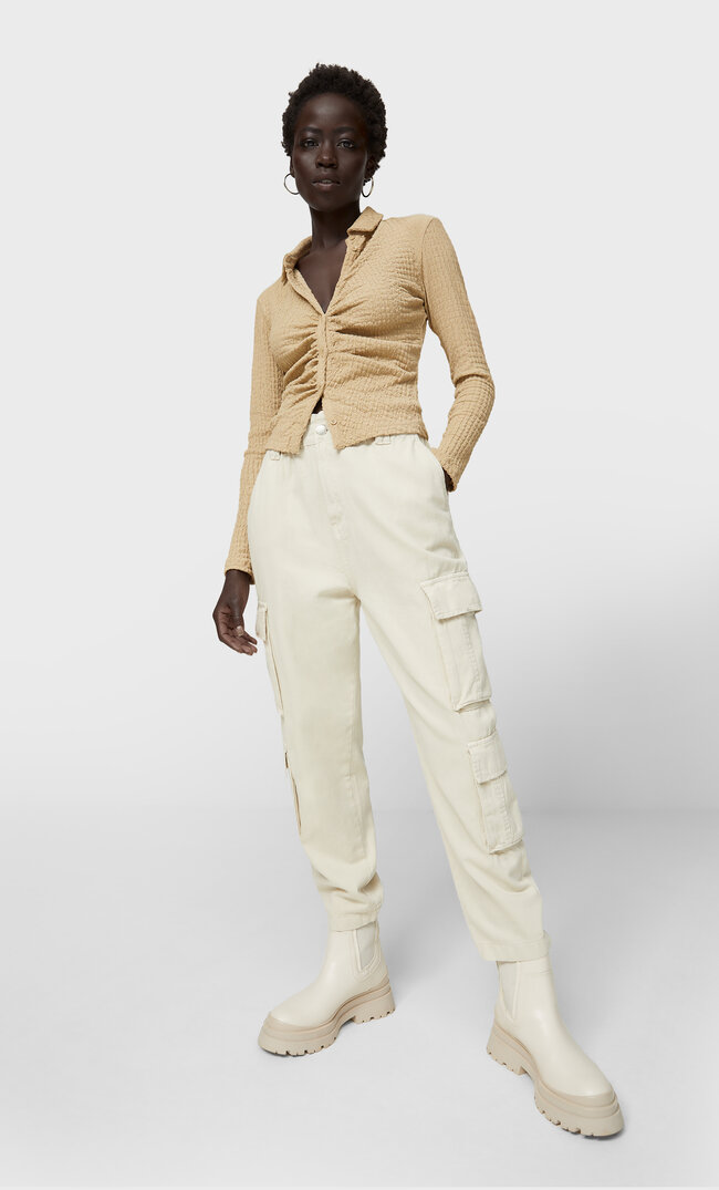 Stradivarius Spodnie Cargo Baggy Waniliowy Xs