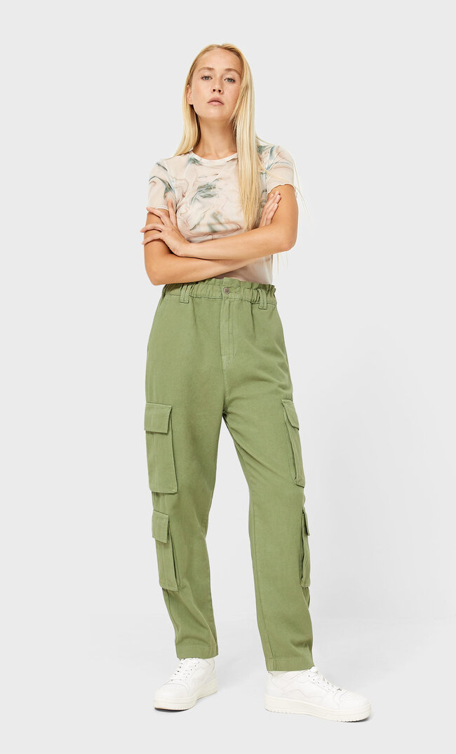 Stradivarius Spodnie Cargo Baggy Khaki Xs