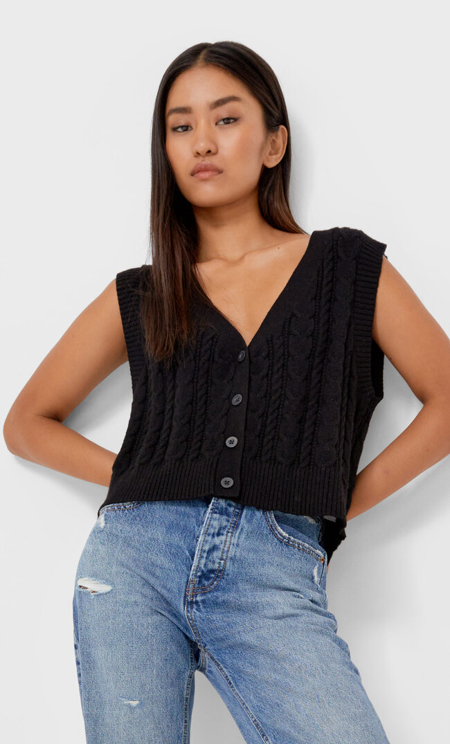 Stradivarius Buttoned Knit Gilet-Style Top Black L