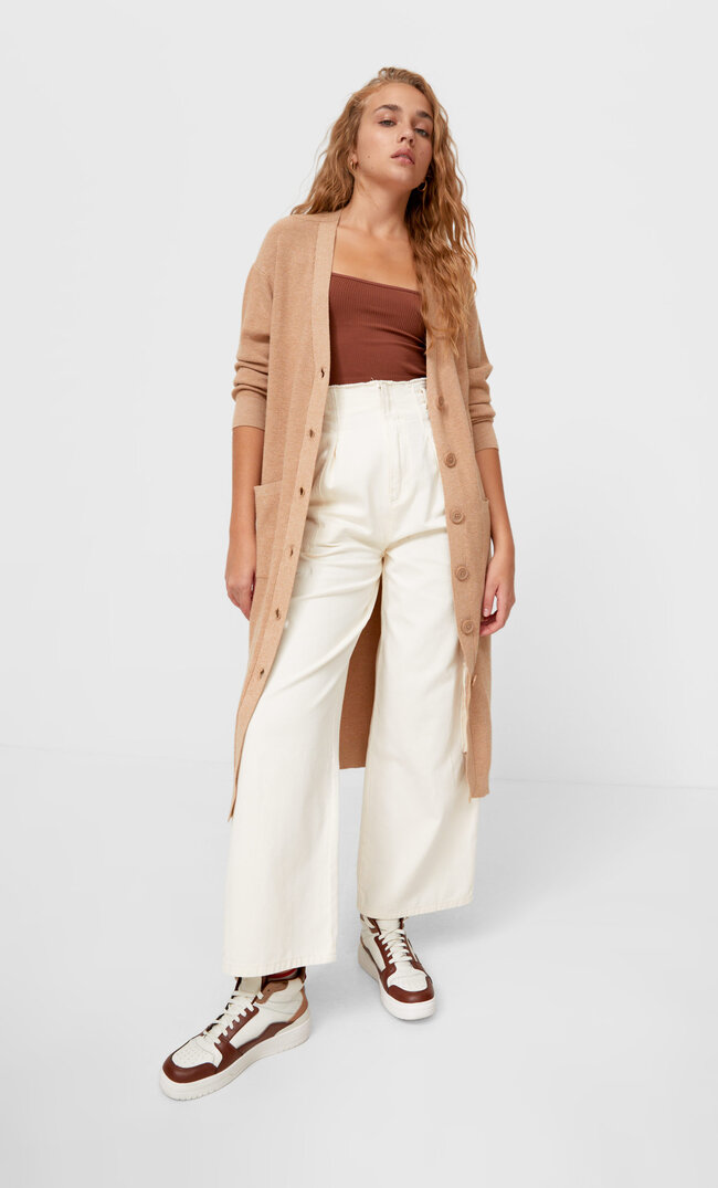 Stradivarius Long Knit Cardigan Beige Melange M