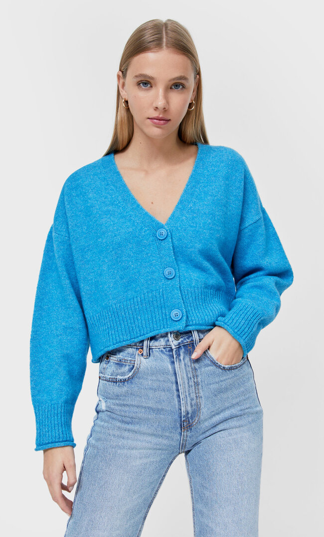 Stradivarius Weicher Cropped-Cardigan Türkis Xl