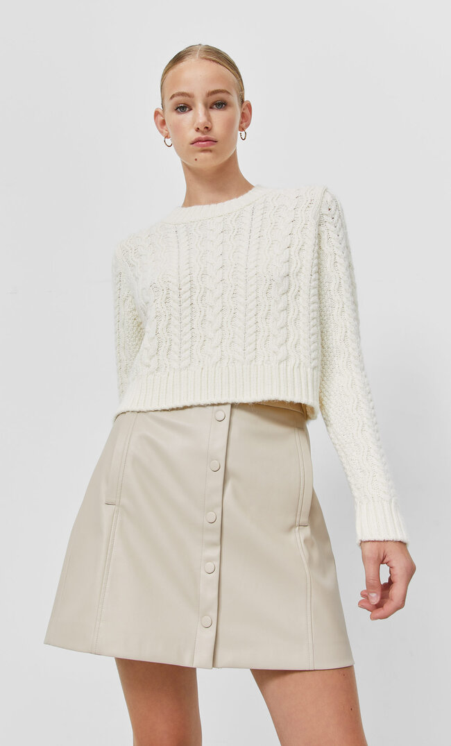 Stradivarius Cropped Cable-Knit Sweater Ecru S