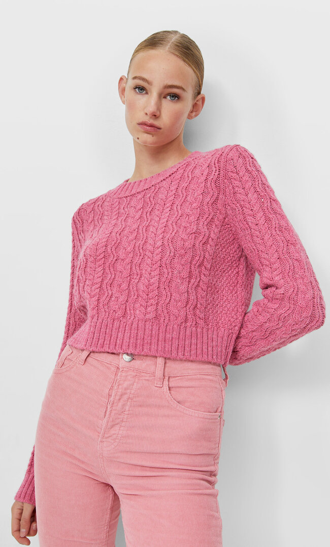 Stradivarius Cropped Cable-Knit Sweater Bubblegum Pink Xs