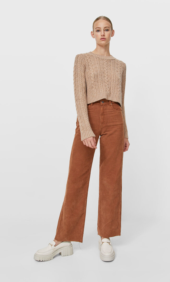 Stradivarius Cropped Cable-Knit Sweater Beige Melange S