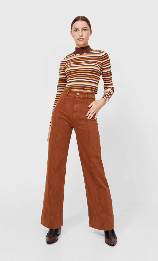 Stradivarius Stretch-Pullover Mit Geripptem Stehkragen Beige Xl