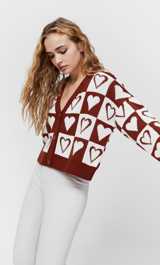 Stradivarius Jacquard Knit Cardigan Brown M