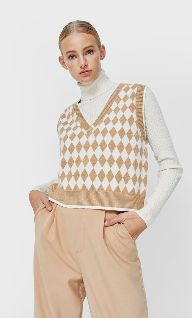 Stradivarius Argyle Vest Beige Melange Xs