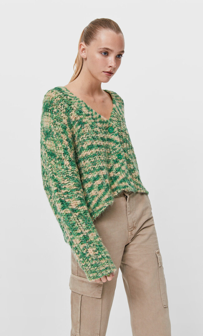 Stradivarius Bunter Cardigan Flaschengrün M