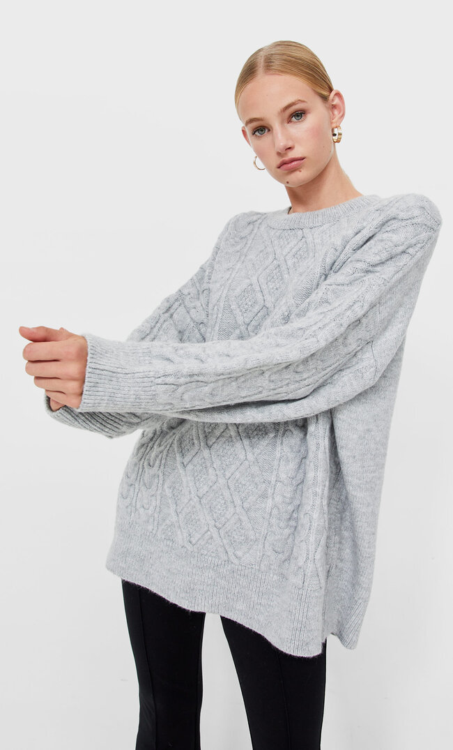 Stradivarius Oversized-Pullover Mit Zopfmuster Grau Melange Xs