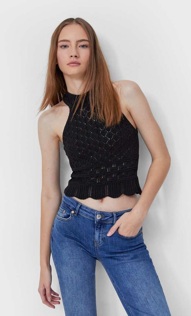 Stradivarius Crochet Halter Top Black L