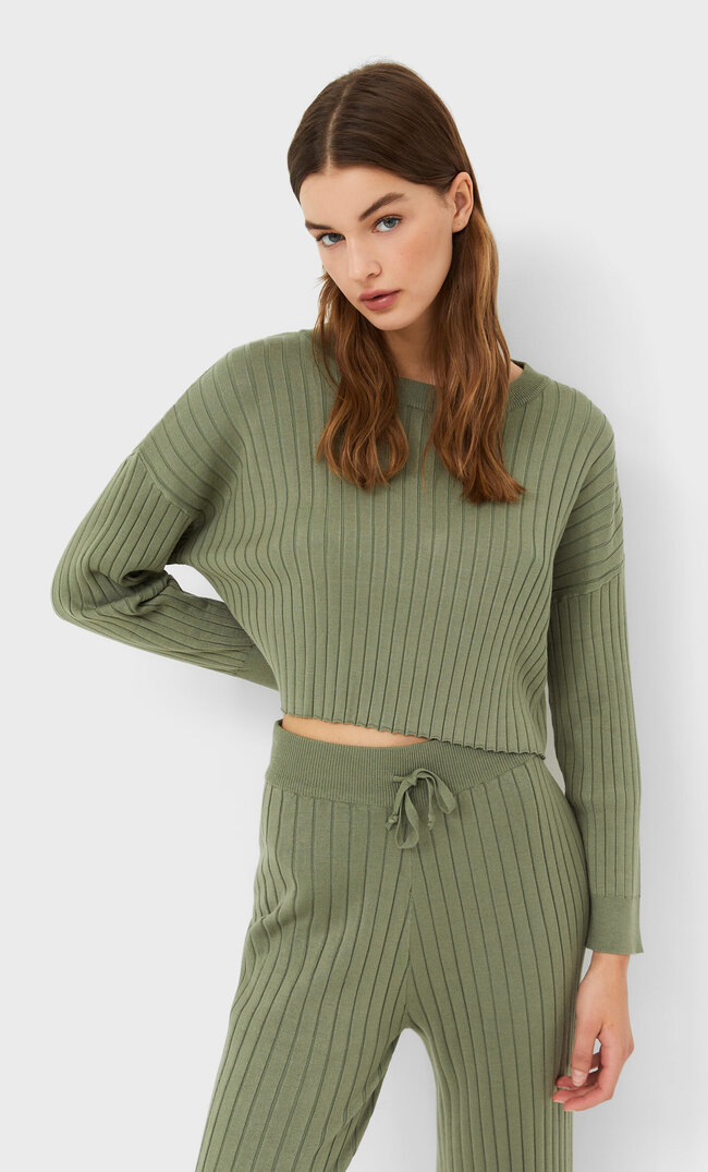 Stradivarius Krótki Sweter Khaki Xs