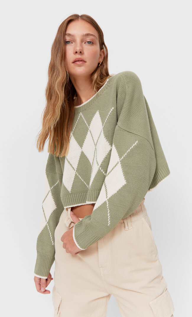Stradivarius Krótki Sweter W Romby Khaki L