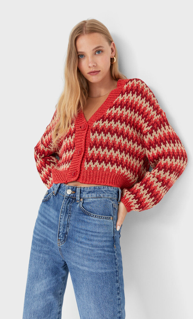 Stradivarius Kolorowy Kardigan Czerwony L