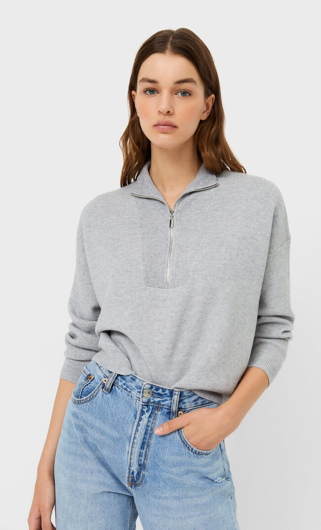 Stradivarius Sweater With Zip Grey Melange Xl