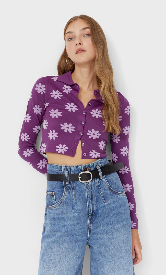 Stradivarius Knit Cardigan With Polo Collar Purple Xs