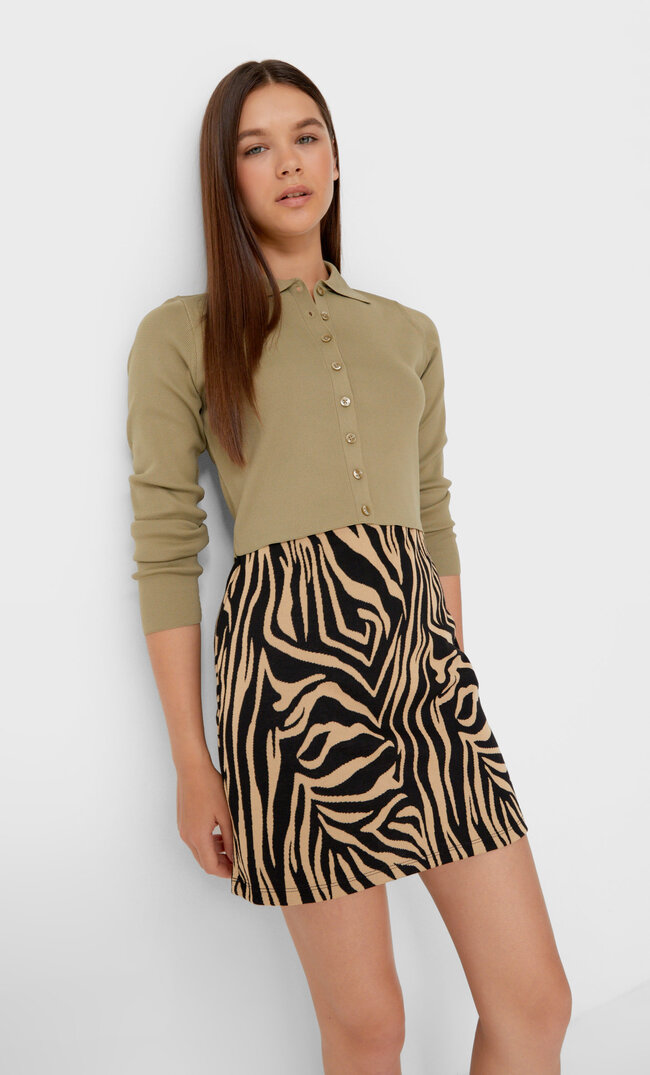Stradivarius Dzianinowy Kardigan Z Kołnierzykiem Polo Khaki M