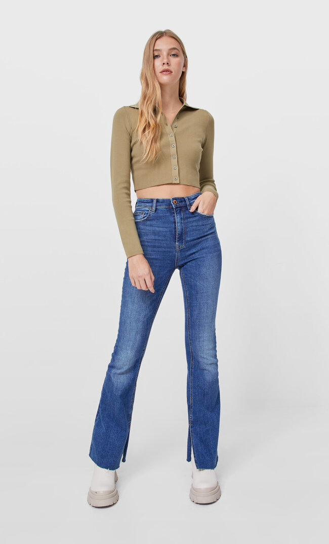 Stradivarius Dzianinowy Kardigan Z Kołnierzykiem Polo Khaki S