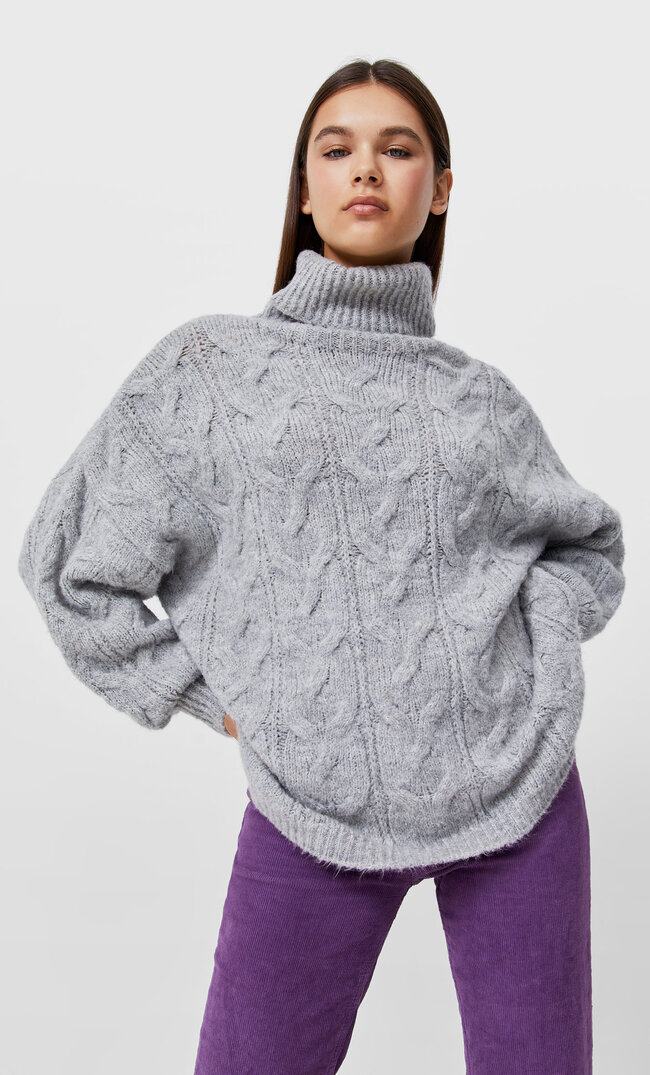 Stradivarius Felted Cable Knit Sweater Grey Melange M