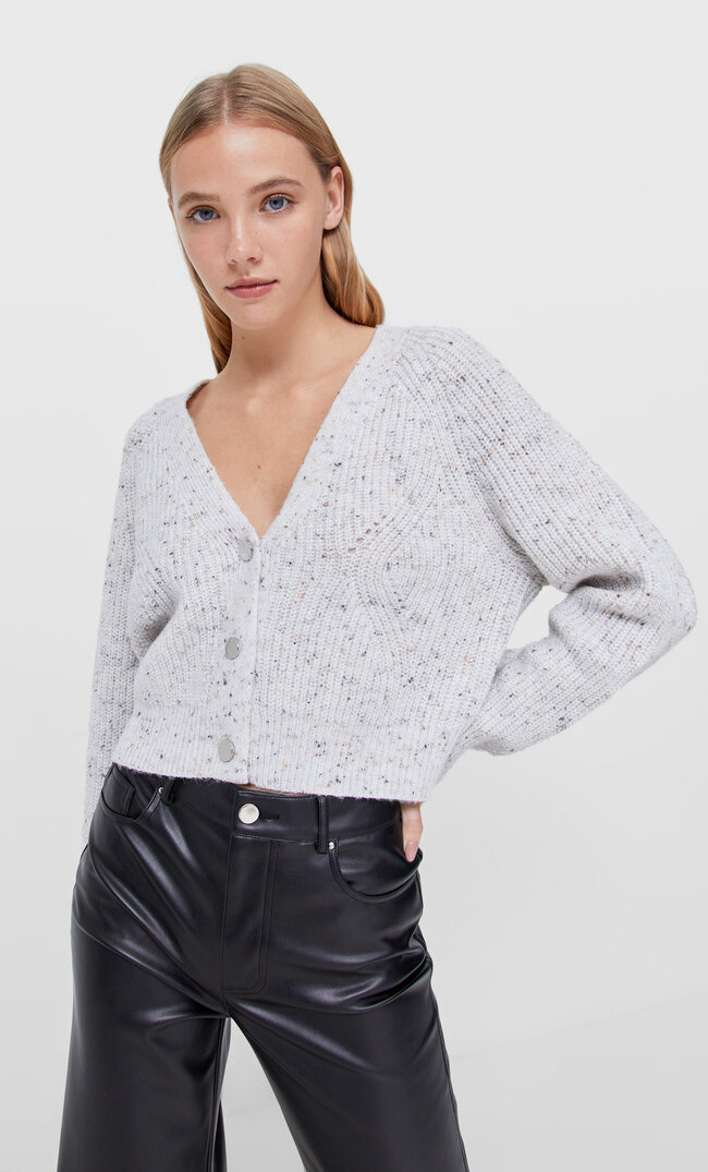 Stradivarius Metallic Thread Knit Cardigan Stone S