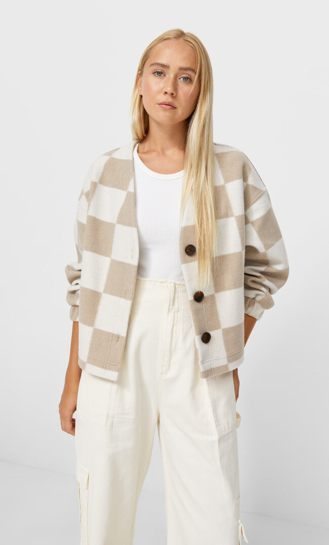 Stradivarius Karierter Strickcardigan Mittelbeige M