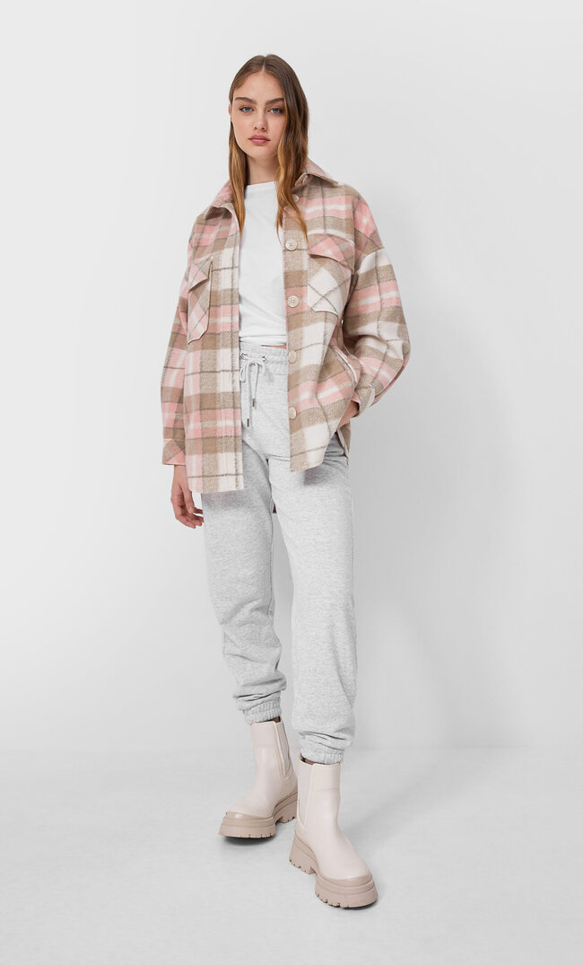 Stradivarius Checked Overshirt Dusty Rose S