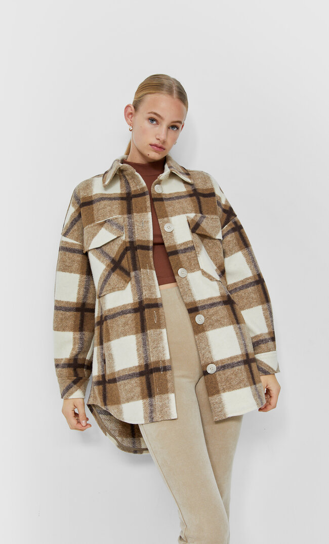 Stradivarius Hemdjacke Mit Karomuster Mittelbeige Xl