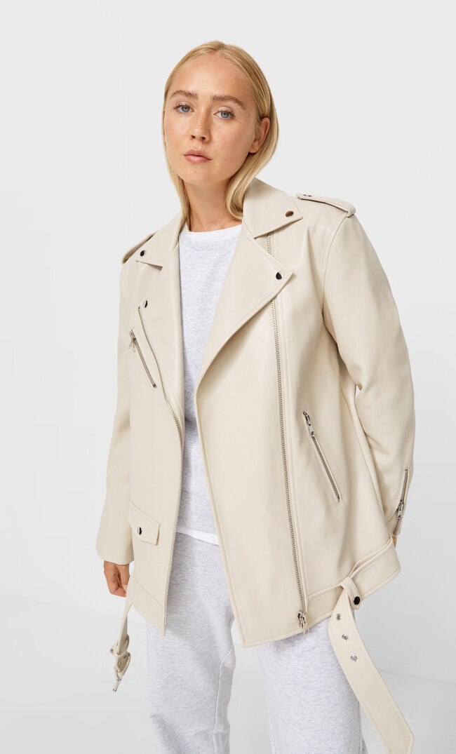 Stradivarius Oversized Faux Leather Biker Jacket Ecru M | StyleSearch