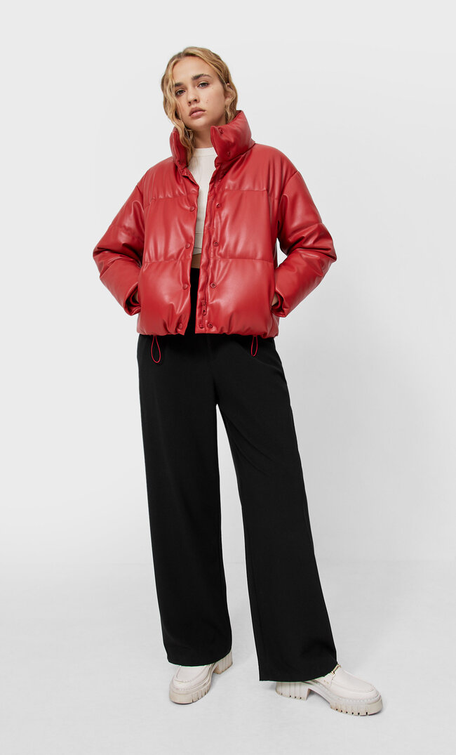 Stradivarius Faux Leather Puffer Jacket Red Xs