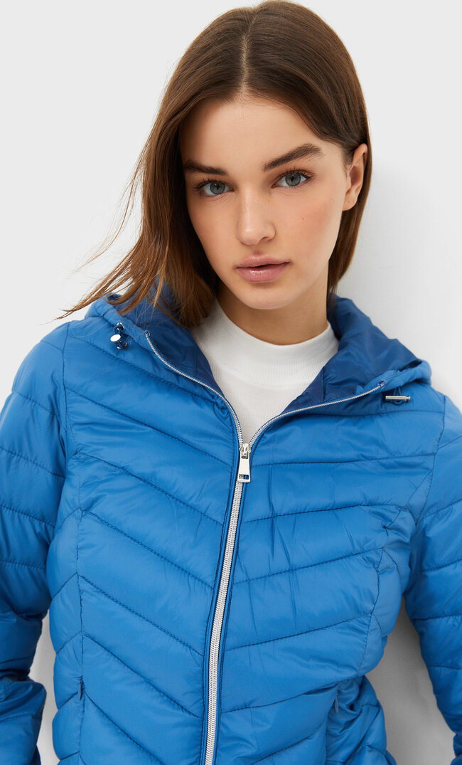 Stradivarius Hooded Puffer Jacket Royal Blue L