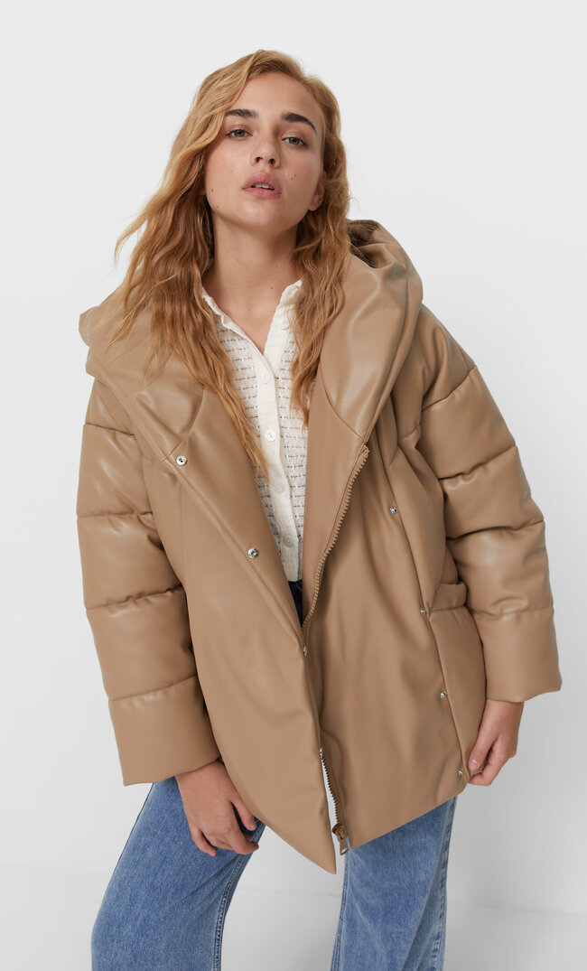 Stradivarius Oversize Faux Leather Puffer Jacket With Hood Beige M