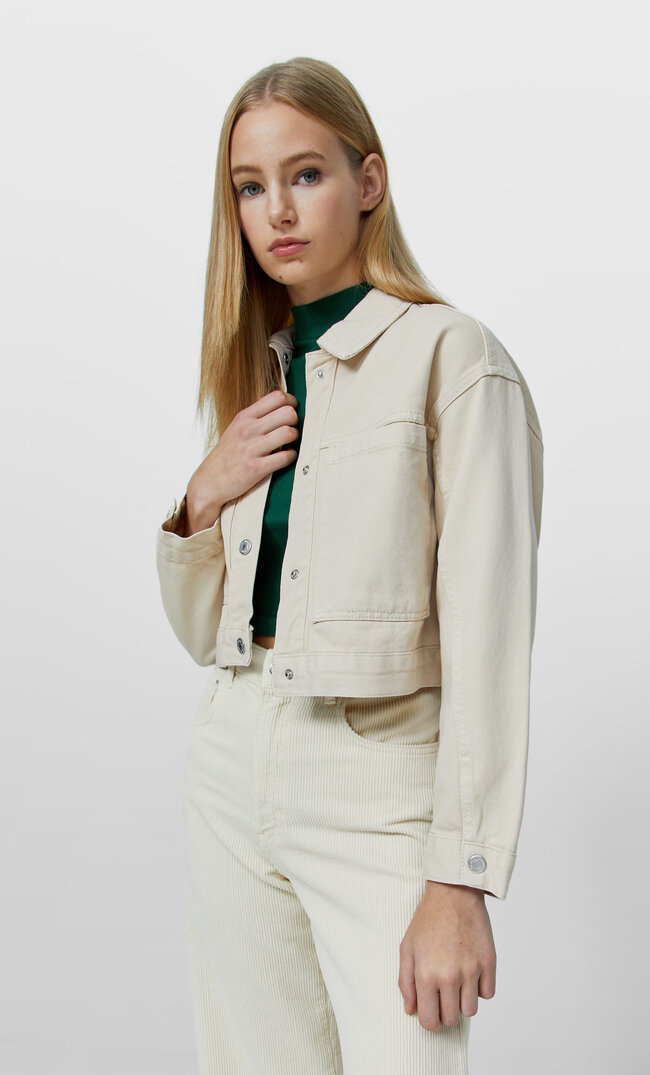 Stradivarius Cropped Twill Overshirt Stone L