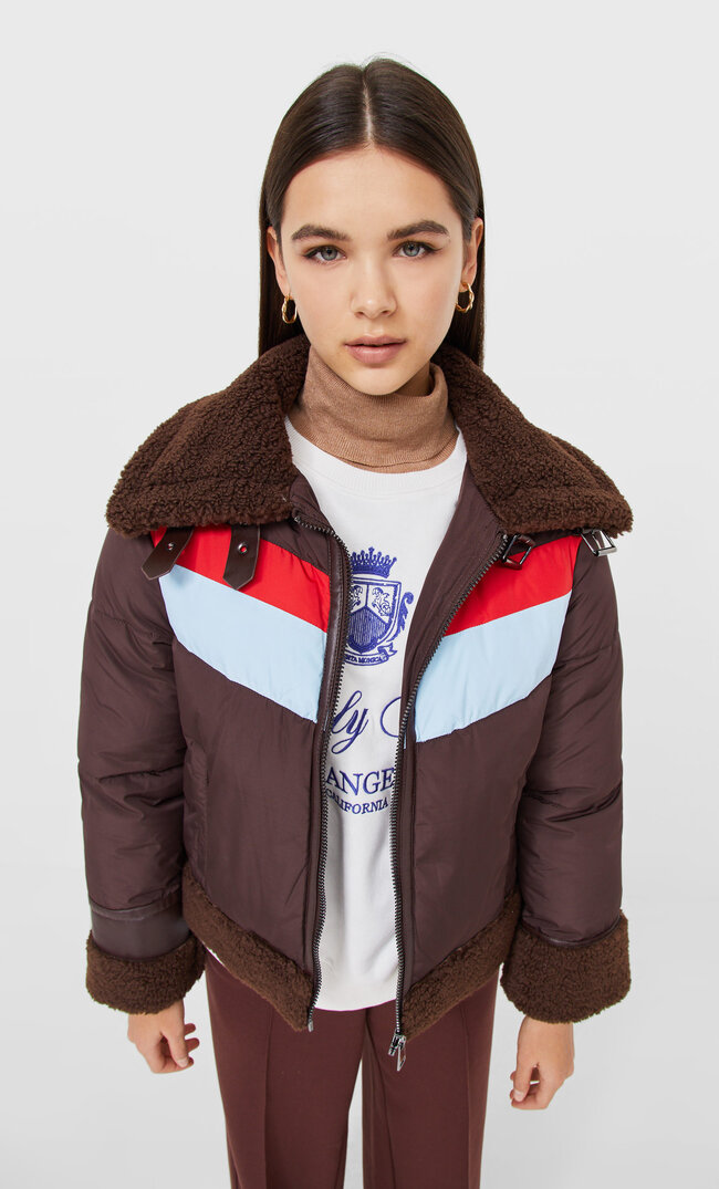 Stradivarius Contrast Colour Block Puffer Jacket Brown S