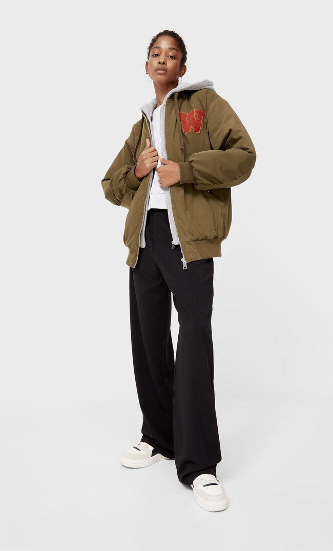Stradivarius Kurtka Bomber Oversize Z Kapturem Khaki Xs