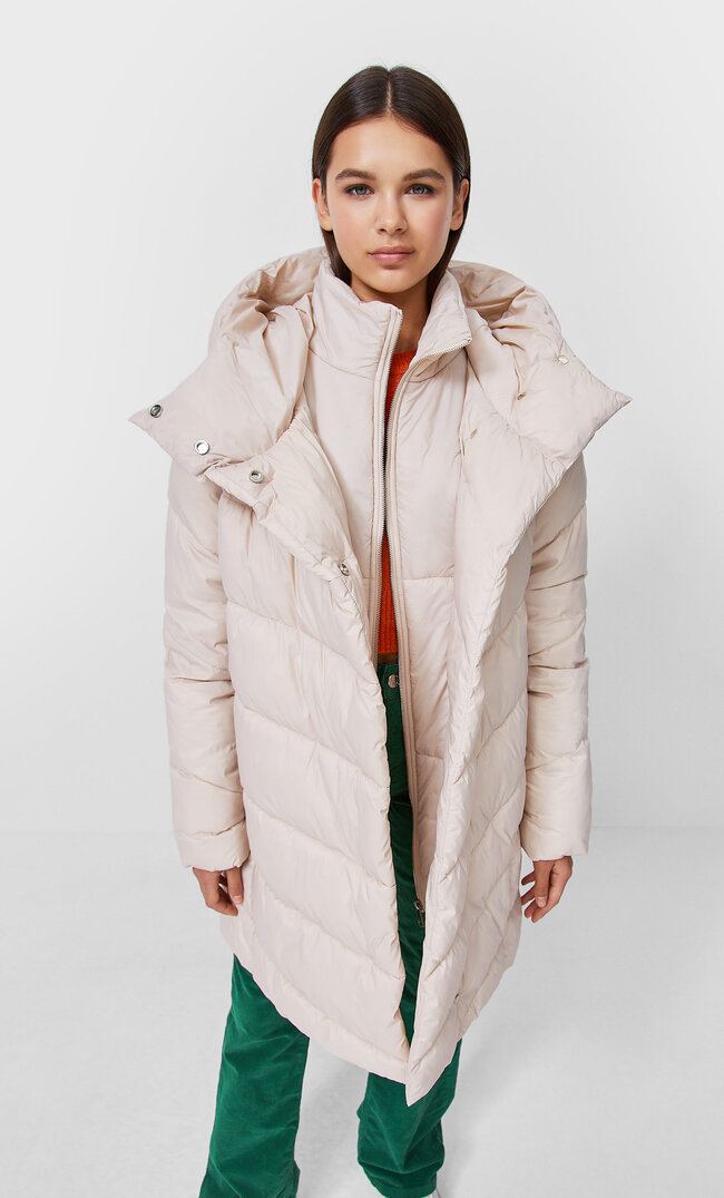 Stradivarius Layered Collar Quilted Coat Beige L