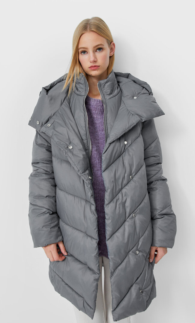 Stradivarius layered collar quilted coat mid grey l