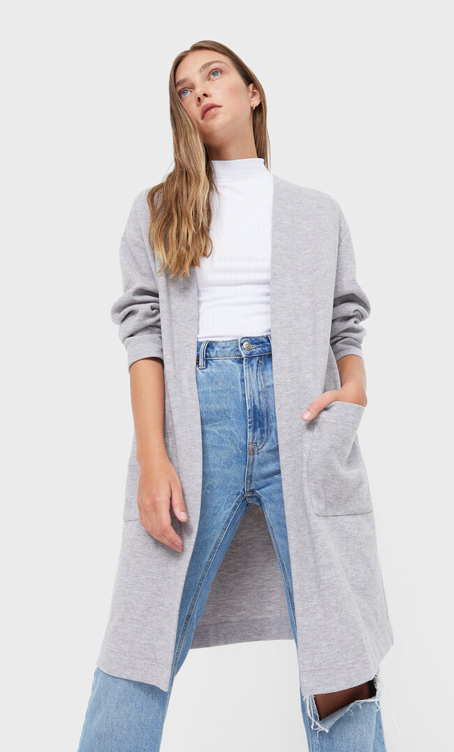 Stradivarius Długi Gruby Kardigan Z Dzianiny Popielaty Xl