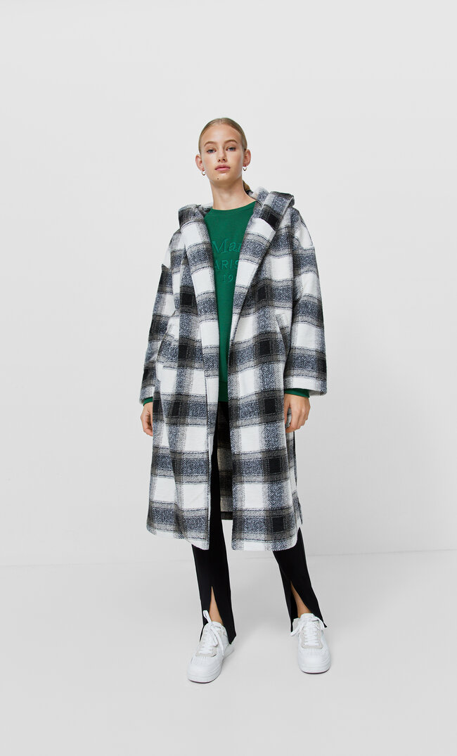 Stradivarius long checked coat dark grey m