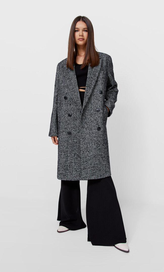 Stradivarius herringbone coat black xs