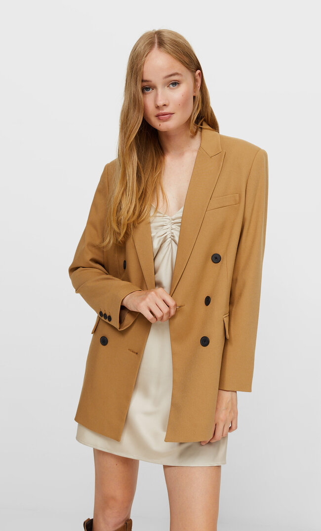 Stradivarius Double-Breasted Blazer Beige S