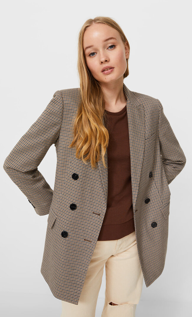 Stradivarius Double-Breasted Houndstooth Blazer Khaki Xl