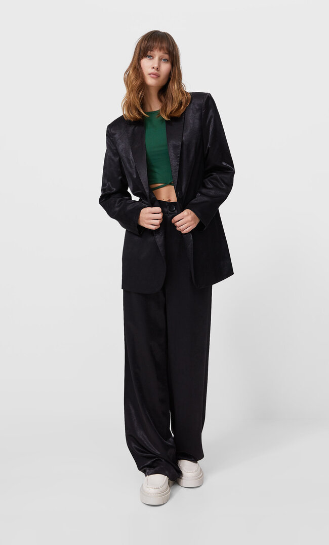 Stradivarius Satin Blazer Black L