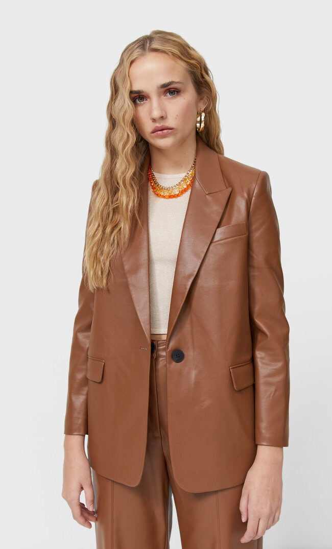 Stradivarius Faux Leather Blazer Brown L