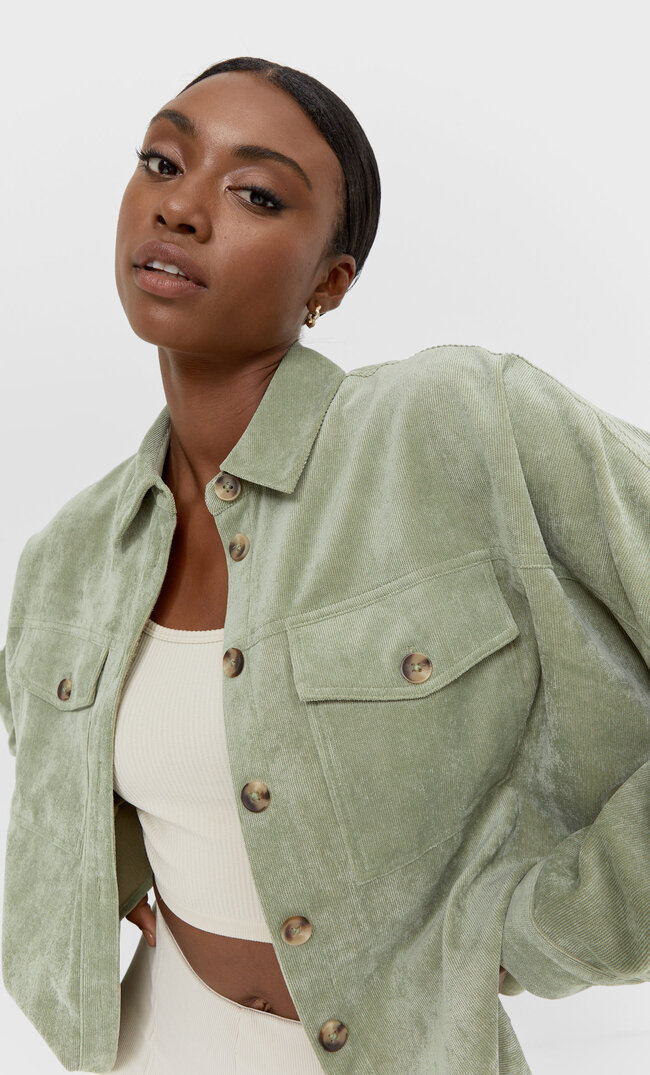 Stradivarius Cargo-Hemdjacke Aus Cord Khaki L