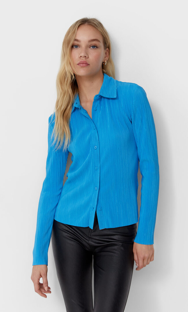 Stradivarius Pleated Shirt Turquoise M