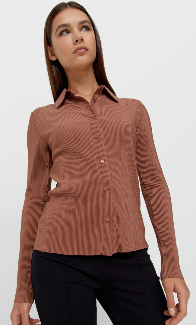 Stradivarius Pleated Shirt Dark Camel M