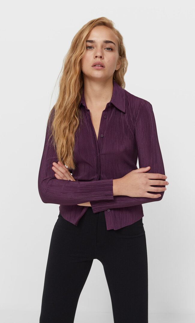 Stradivarius Pleated Shirt Dark Purple L