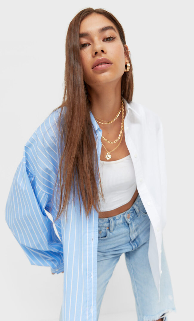Stradivarius Kontrastowa Koszula Boyfriend Błękitny M