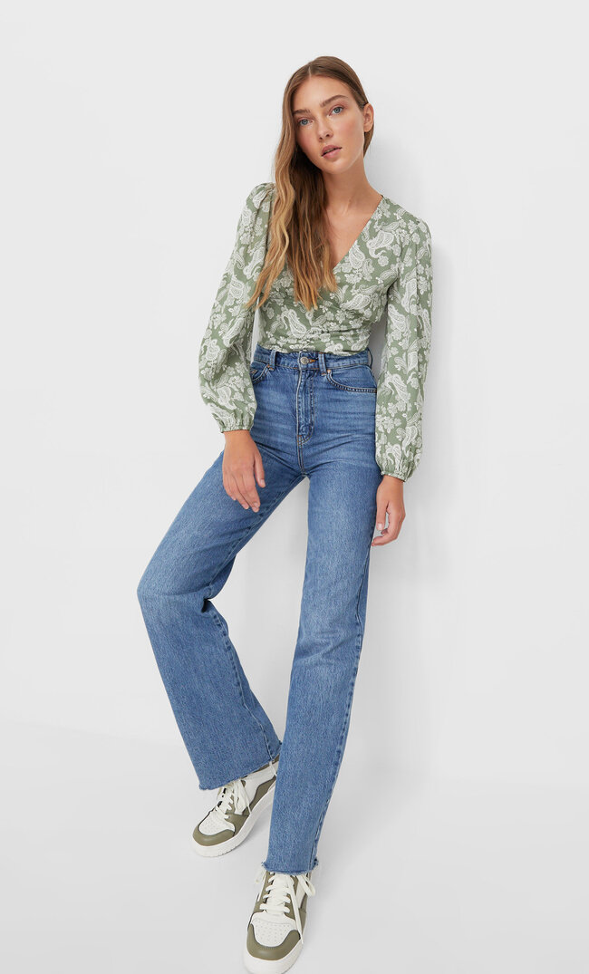 Stradivarius Printed V-Neck Blouse Green M