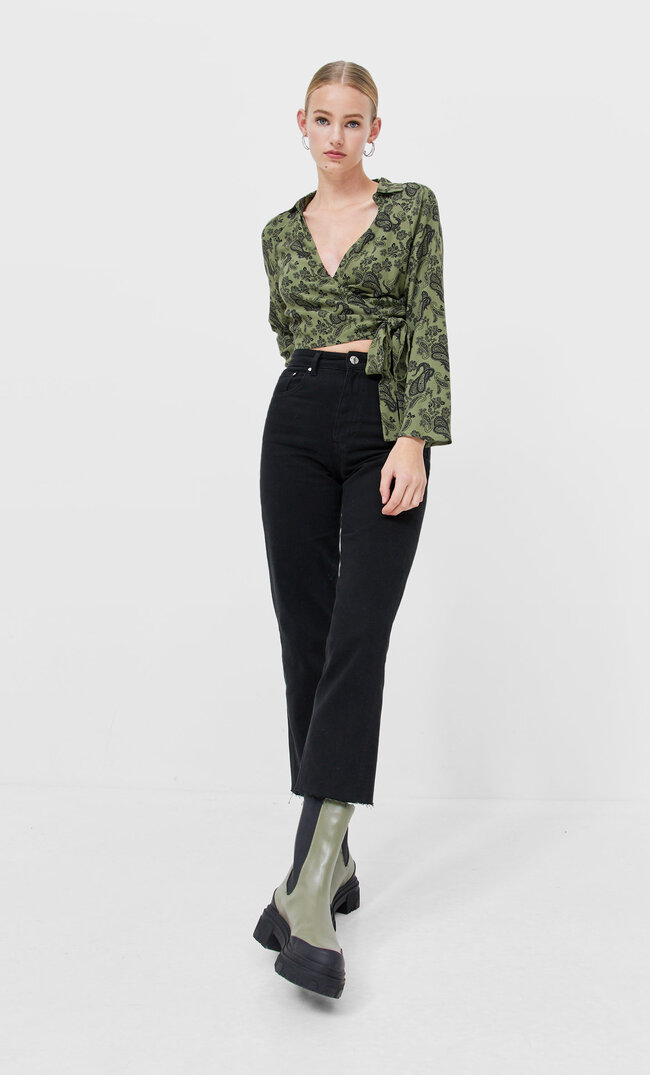 Stradivarius Ballerina Blouse With Print Khaki Xs