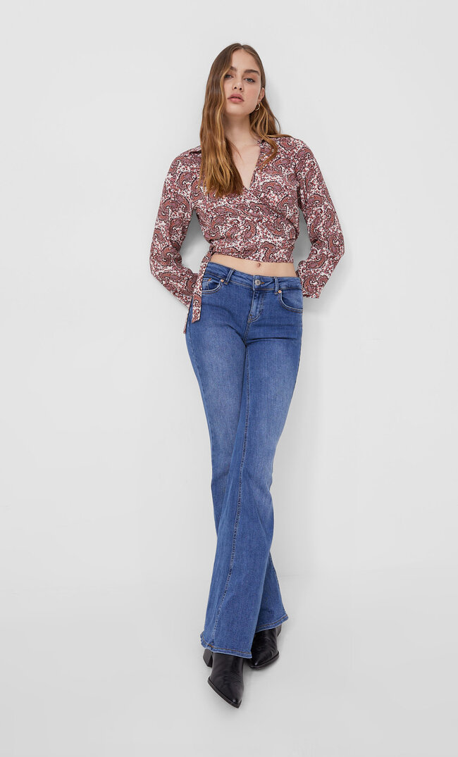 Stradivarius Wzorzysta Bluzka W Stylu Baletnicy Beżowy Xl